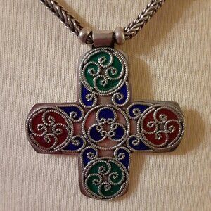 Thailand cross sterling silver necklace with red, green, and blue enamel details